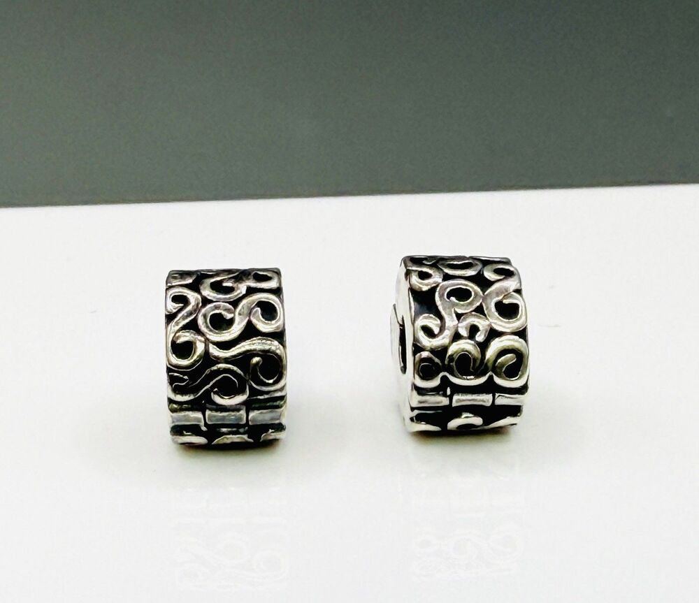 Pandora 925 Sterling Silver ALE Retired Filigree S Swirl Clip Charm Lot Of 2